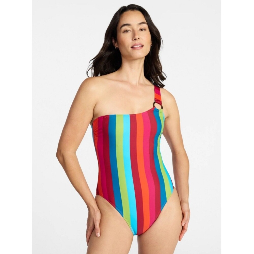 Time and Tru One Shoulder One Piece Swimsuit Bright Colorful Stripes Women's L